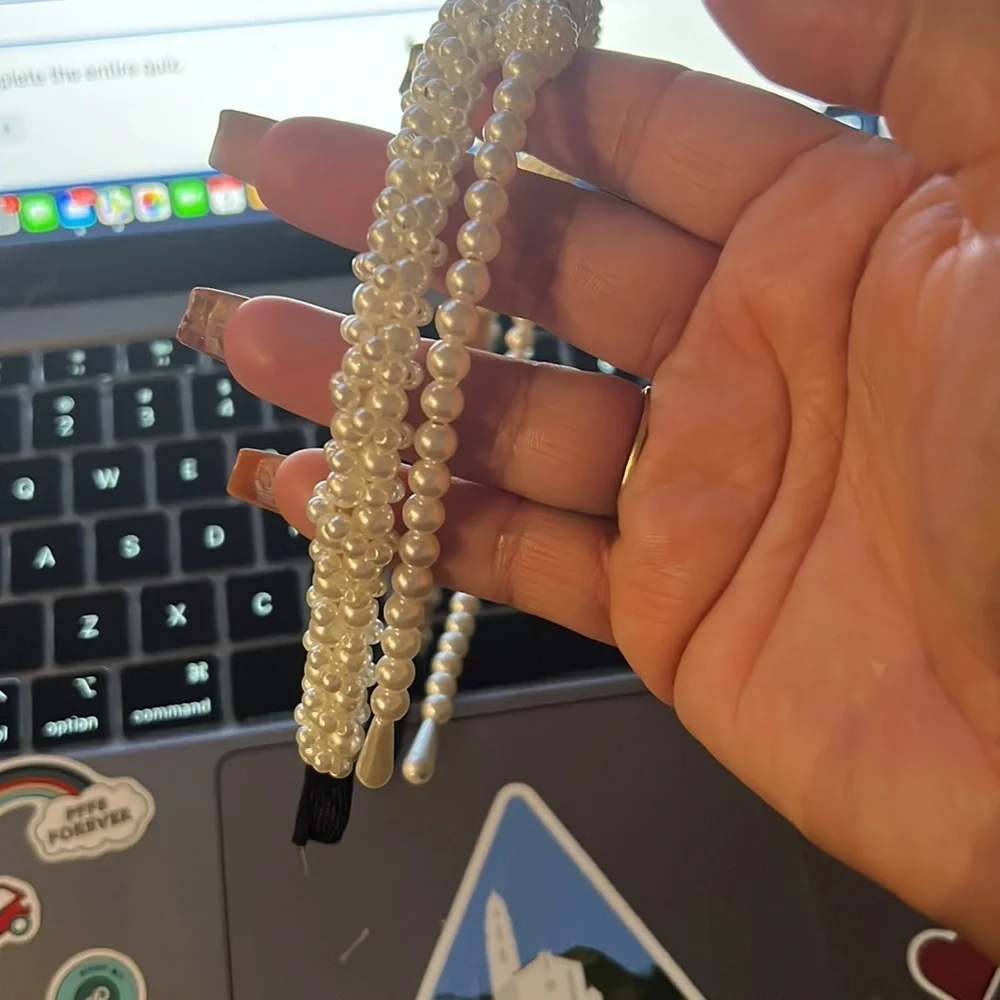 2 Pack Pearls‎ Fashion Headbands,White Artificial Pearl Rhinestones Hairbands